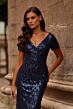 La Femme 31787 V-Neck Sequin Short Sleeve Dress