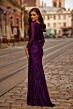 La Femme 32491 Three-Quarter Sleeve Ruched Lace Dress