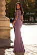 La Femme 32738 Draped Satin Skirt Illusion Sleeve Dress