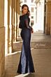 La Femme 33333 Navy Portrait Neckline Lace Dress