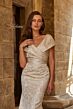 La Femme 33428 Nude Surplice Bodice Jacquard Dress