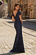La Femme 33571 Navy Cap Sleeve Brocade Dress