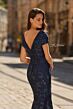 La Femme 33571 Navy Cap Sleeve Brocade Dress