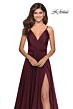 La Femme 28611 Slit Skirt Ruched Top V-Neck Dress