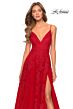 La Femme 28985 Floral Appliques V-Neck High Slit Dress