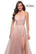 La Femme 29076 A-Line Ruched Illusion Bodice V-Neckline Dress