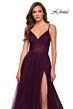 La Femme 29076 A-Line Ruched Illusion Bodice V-Neckline Dress