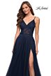 La Femme 29076 A-Line Ruched Illusion Bodice V-Neckline Dress