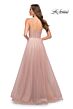 La Femme 29076 A-Line Ruched Illusion Bodice V-Neckline Dress