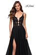 La Femme 29686 Plunging Neck Lace Top Slit Skirt Dress