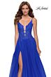 La Femme 29686 Plunging Neck Lace Top Slit Skirt Dress
