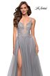 La Femme 29686 Plunging Neck Lace Top Slit Skirt Dress