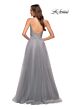 La Femme 29686 Plunging Neck Lace Top Slit Skirt Dress