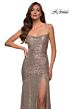 La Femme 29741 Lace-Up Back High Slit Ruched Sequin Dress