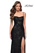 La Femme 29741 Lace-Up Back High Slit Ruched Sequin Dress