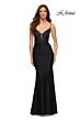 La Femme 30466 Ruched Waist Lace Applique Dress