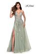 La Femme 30560 High Slit Plunging Neck Floral Appliques Dress