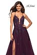 La Femme 30560 High Slit Plunging Neck Floral Appliques Dress