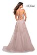 La Femme 30560 High Slit Plunging Neck Floral Appliques Dress