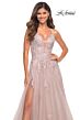 La Femme 30560 High Slit Plunging Neck Floral Appliques Dress