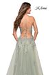 La Femme 30560 High Slit Plunging Neck Floral Appliques Dress