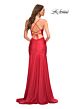 La Femme 30587 High Slit Ruched Lace-Up Dress