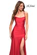La Femme 30587 High Slit Ruched Lace-Up Dress