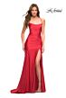 La Femme 30587 High Slit Ruched Lace-Up Dress