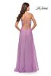 La Femme 30840 Pleated Top High Slit Lace-Up Dress