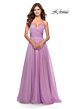 La Femme 30840 Pleated Top High Slit Lace-Up Dress