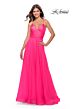 La Femme 30840 Pleated Top High Slit Lace-Up Dress