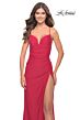 La Femme 31127 High Slit Lace-Up Back Ruched Dress
