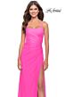 La Femme 31329 High Slit Lace-Up Back Ruched Dress