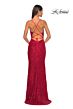 La Femme 31359 Lace-Up Back Beaded Lace Dress