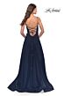 La Femme 31381 Ruched Top High Slit Lace-Up Dress