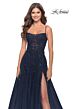 La Femme 31381 Ruched Top High Slit Lace-Up Dress