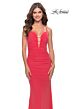 La Femme 31424 Lace-Up Back Plunging Neck Ruched Dress