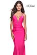 La Femme 31436 Floral Sides Plunging Neck Lace-Up Dress