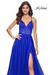 La Femme 31457 Ruched Corset High Slit Lace-Up Dress