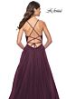 La Femme 31457 Ruched Corset High Slit Lace-Up Dress