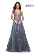 La Femme 31472 Floral Appliques Plunging Neck Lace-Up Dress