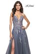 La Femme 31472 Floral Appliques Plunging Neck Lace-Up Dress