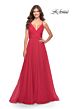 La Femme 31500 Ruched Top High Slit V-Neck Dress