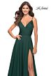 La Femme 31500 Ruched Top High Slit V-Neck Dress