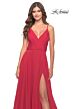 La Femme 31500 Ruched Top High Slit V-Neck Dress