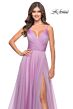 La Femme 31500 Ruched Top High Slit V-Neck Dress