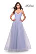 La Femme 31501 Ruched Top High Slit Lace-Up Dress