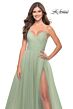 La Femme 31501 Ruched Top High Slit Lace-Up Dress
