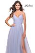 La Femme 31501 Ruched Top High Slit Lace-Up Dress