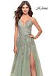 La Femme 31503 Lace-Up Back High Slit V-Neck Dress